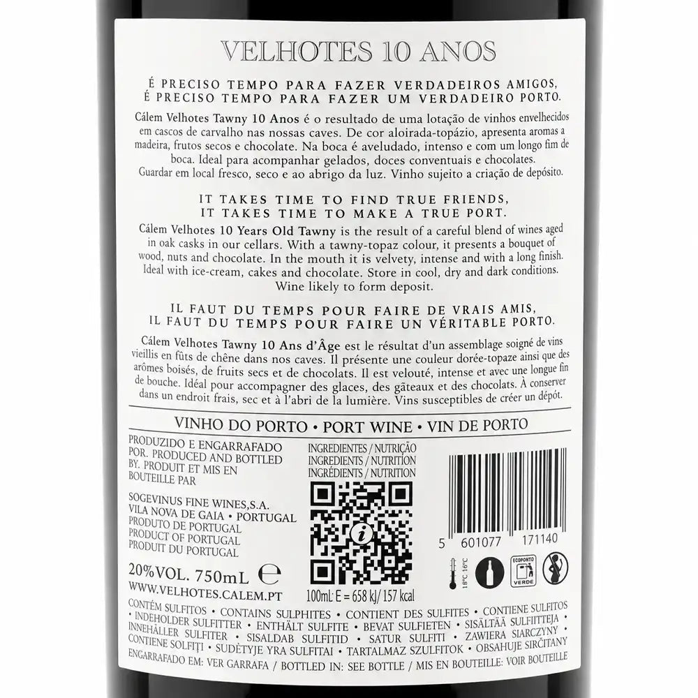 The back of a Portuguese wine bottle label for Velhotes 10 Anos, showing product details, ingredients, barcode, and a QR code on a white background.