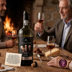 A bottle of Velhotes Port red wine is displayed on a rustic wooden table with a cork, cheese, and wine glasses, with two men and a woman in the background near a warm fireplace. A small descriptive card is placed next to the bottle.