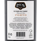 Back label of a Poças Porto wine bottle showing product details, barcode, and certification logos on a dark bottle background.
