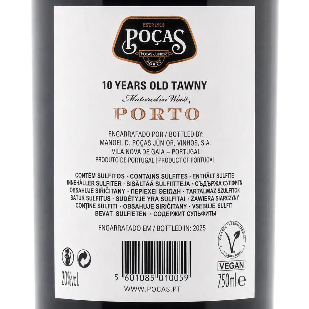 Back label of a Poças Porto wine bottle showing product details, barcode, and certification logos on a dark bottle background.
