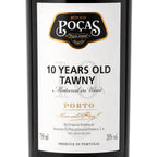 A close-up of a wine bottle label for Poças 10 Years Old Tawny Porto, with black bottle shoulders and a white label featuring gold and black text.