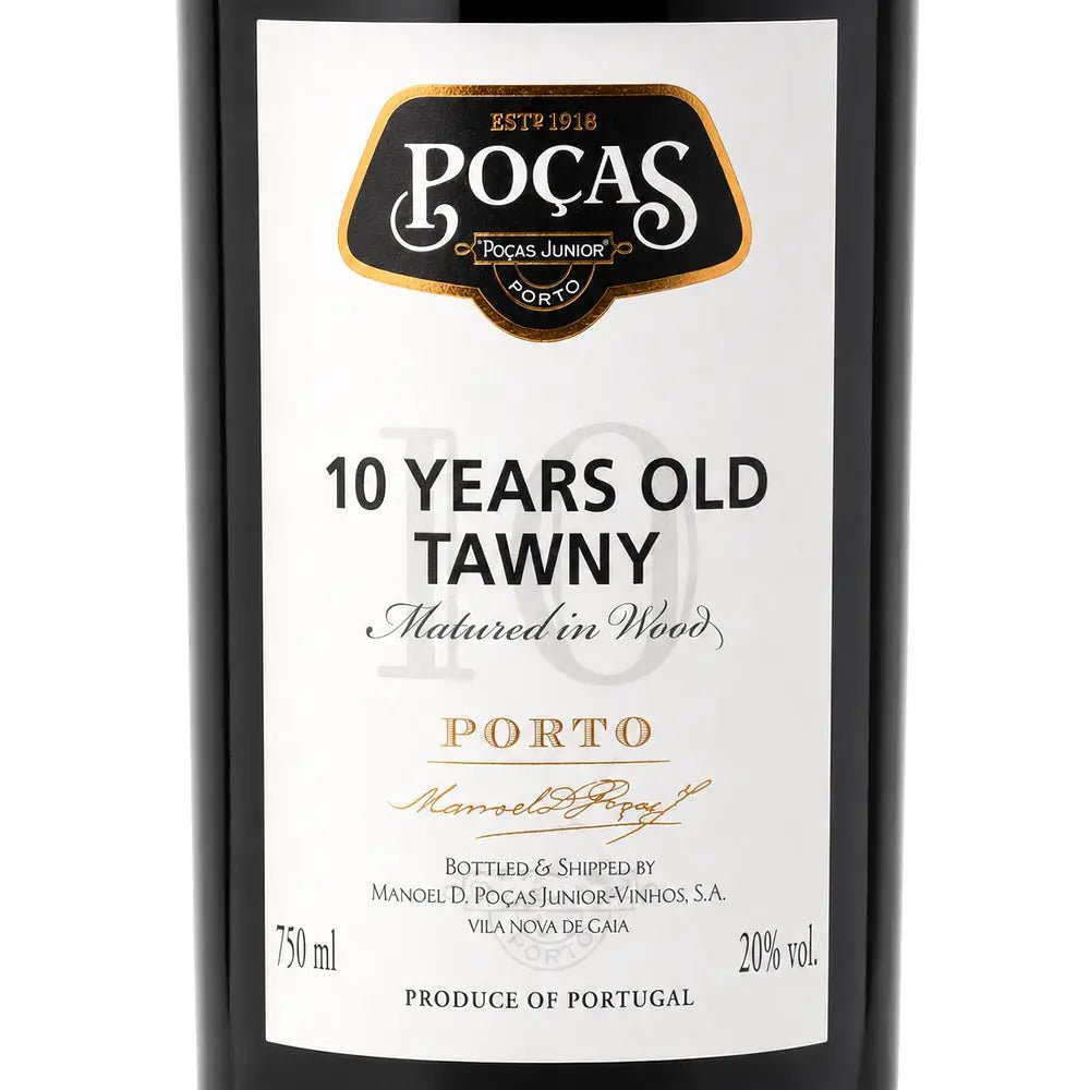 A close-up of a wine bottle label for Poças 10 Years Old Tawny Porto, with black bottle shoulders and a white label featuring gold and black text.