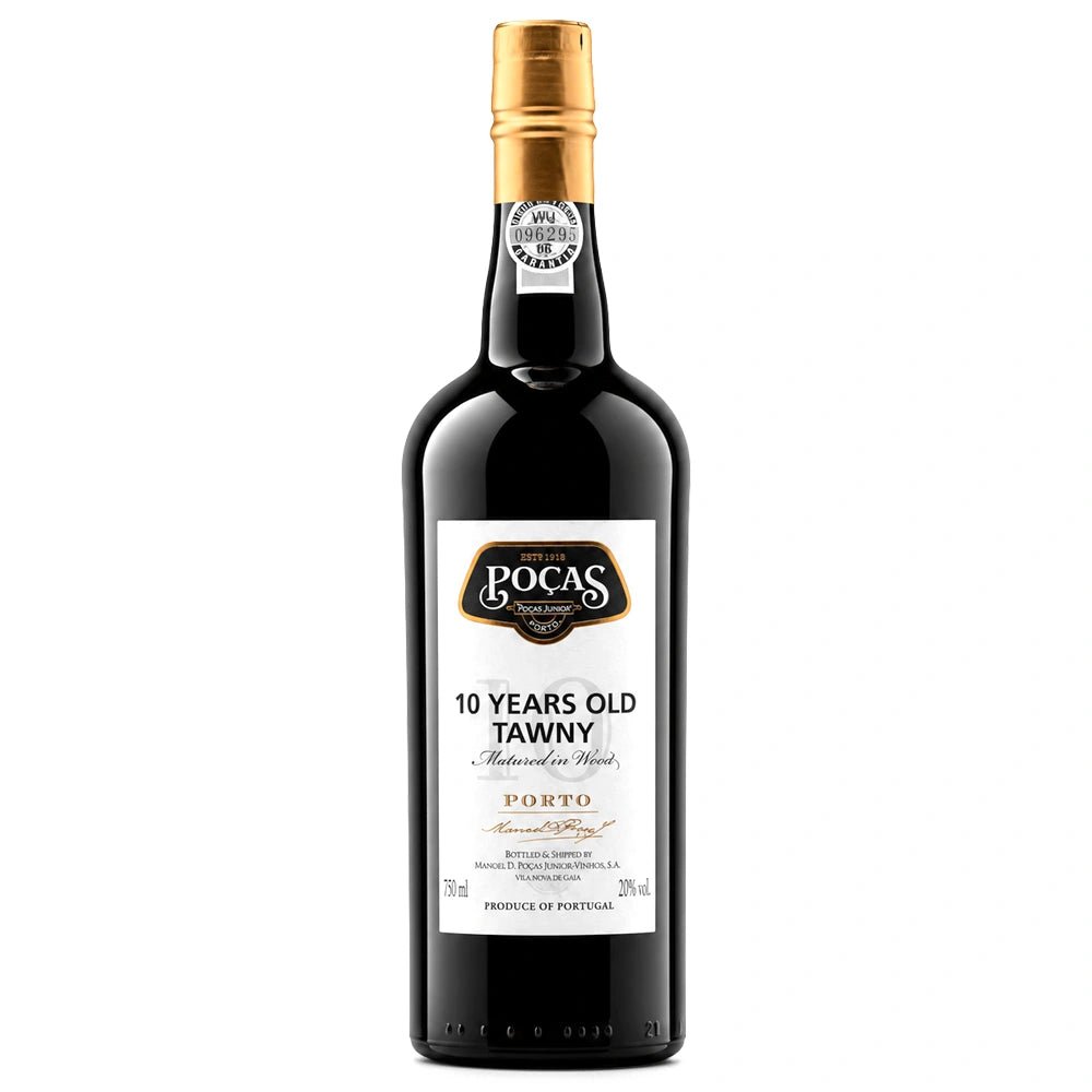 A bottle of POÇAS 10 Years Old Tawny Port wine, featuring a dark glass bottle with a gold foil capsule and a white label with black and gold text, set against a plain white background.