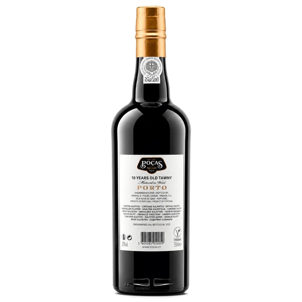 A bottle of Poças 10 Years Old Tawny Port wine, showing the back of the dark glass bottle with its white label and gold foil cap, set against a plain white background.