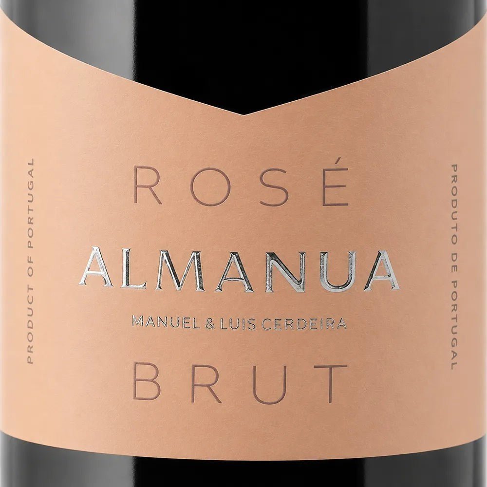Rose Almanua Brut wine bottle label with peach-colored label and black text.