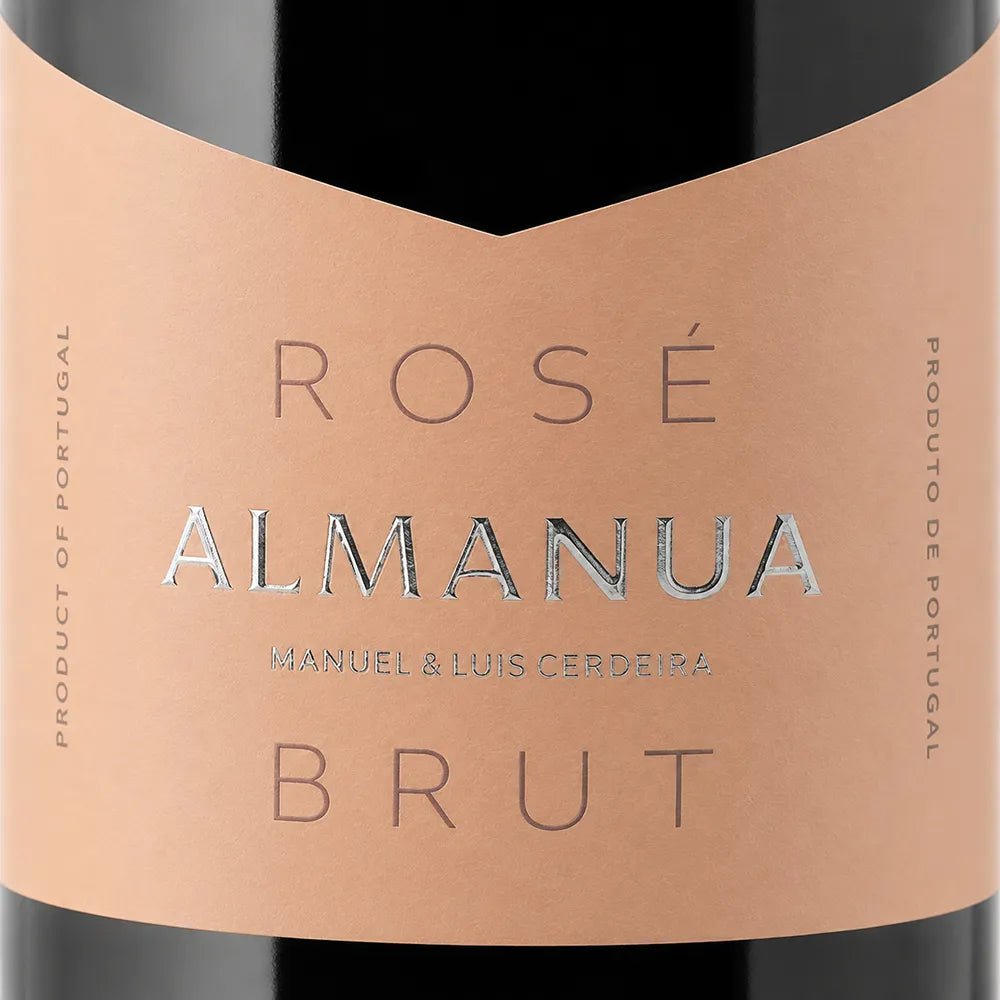 Rose Almanua Brut wine bottle label with peach-colored label and black text.