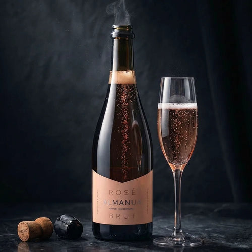 Bottle of Rosé Almanac Brut with a glass of champagne on a dark background