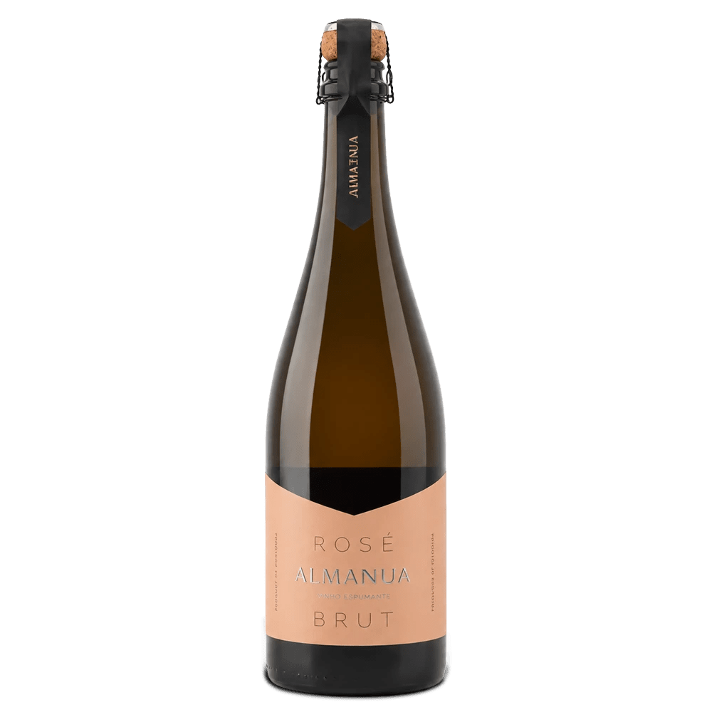 Bottle of Rosé Almanua Brut sparkling wine on a white background