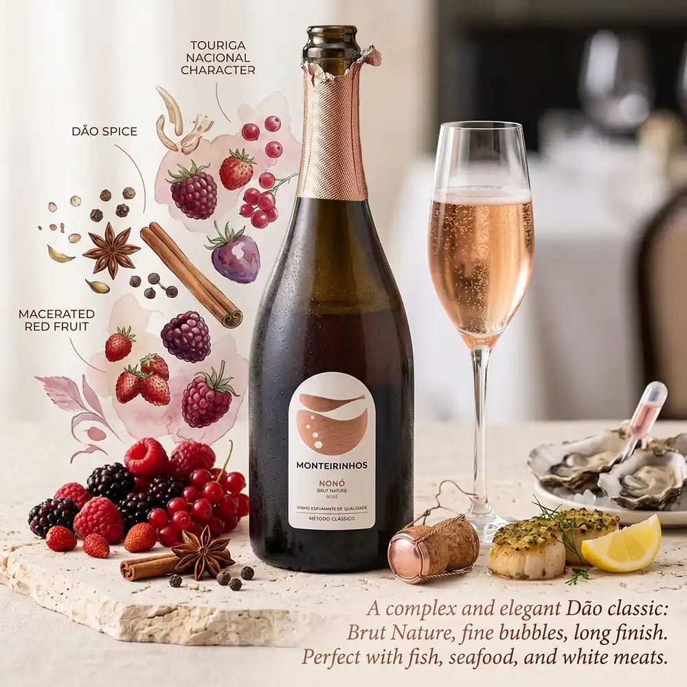 Bottle of Monterinhos wine with a glass of rose wine, surrounded by fruits and oysters on a stone surface.