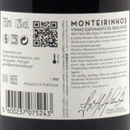 Back label of a Monteirinhos sparkling wine bottle with text and QR code.