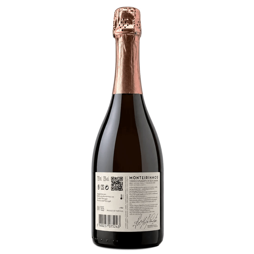 Monteirinhos Nonô Bottle of sparkling wine with rose gold cap on a white background