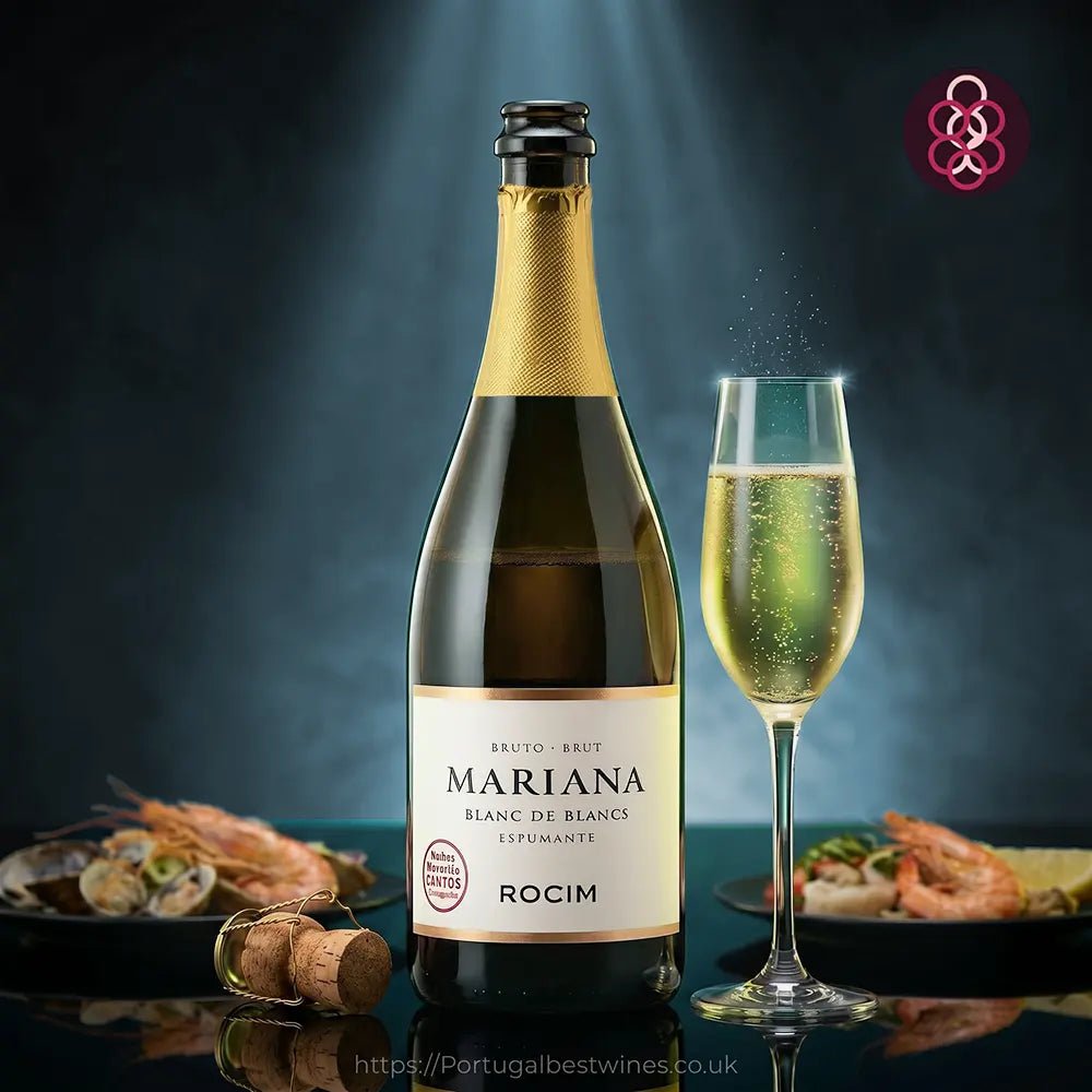 Bottle of Mariana wine with a glass of champagne and food on a dark background