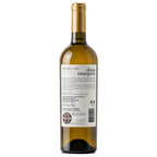 A bottle of Duas Margens Douro Doc white wine, showing the back label and gold foil neck, set against a plain white background.