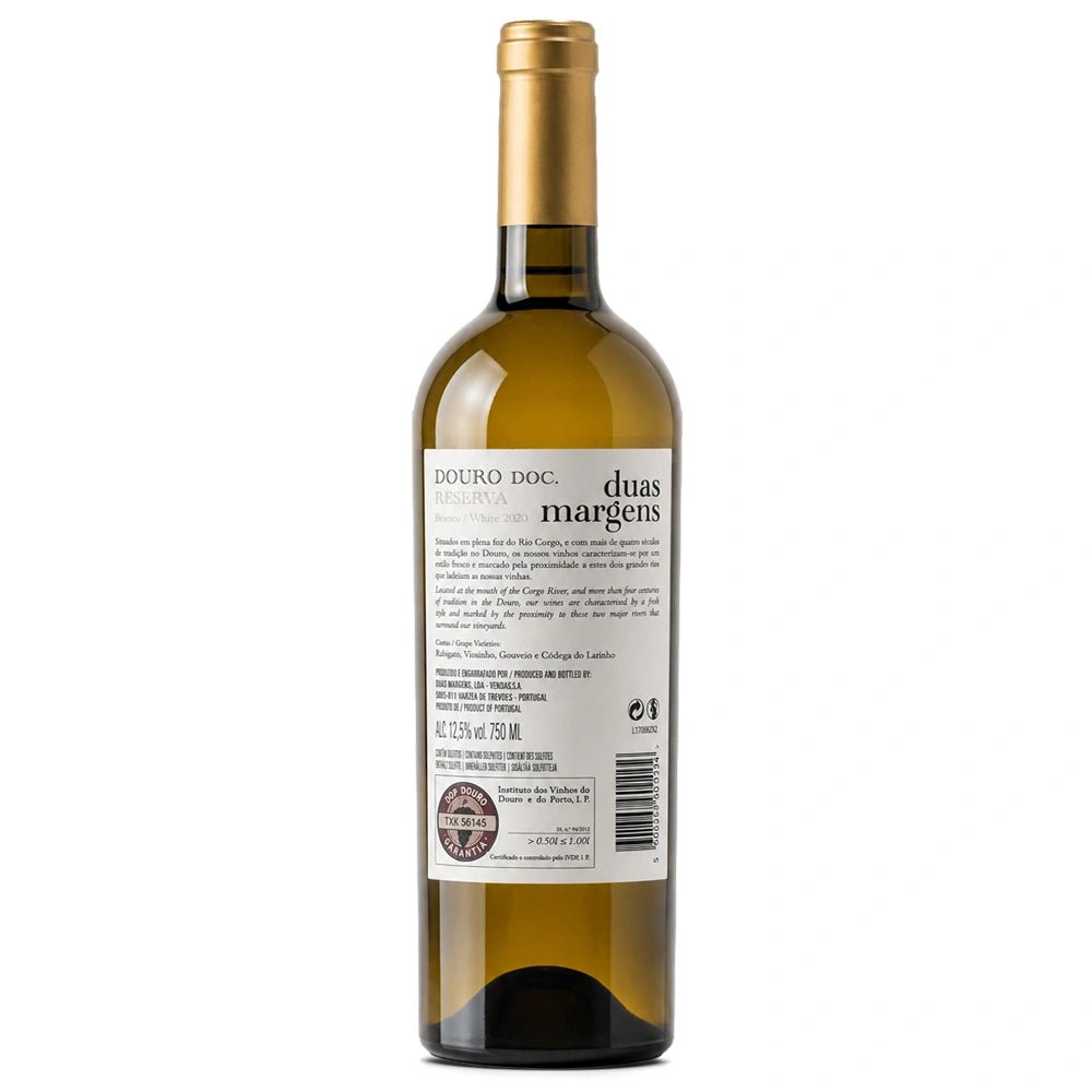 A bottle of Duas Margens Douro Doc white wine, showing the back label and gold foil neck, set against a plain white background.
