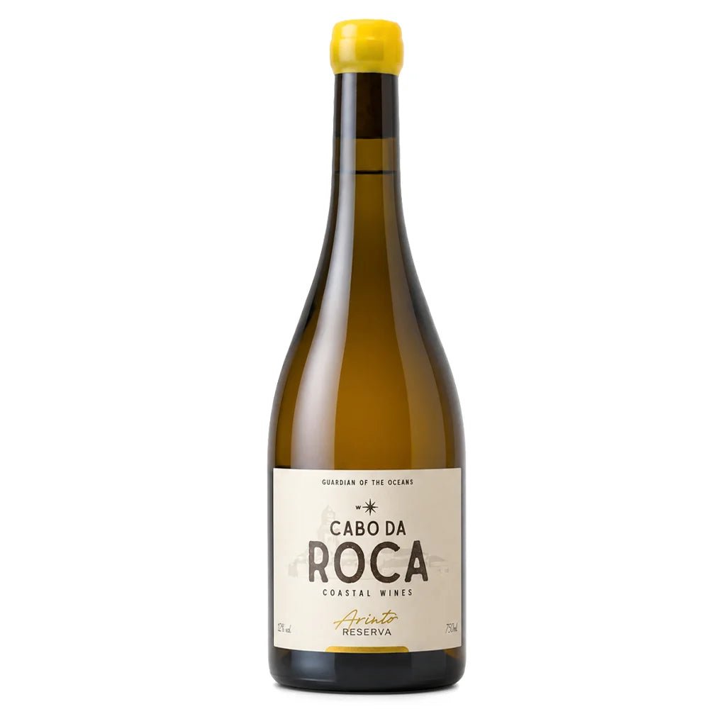 A bottle of Cabo da Roca Coastal Wines Arinto Reserva white wine, featuring an amber glass bottle with a bright yellow cap and a cream-colored label.