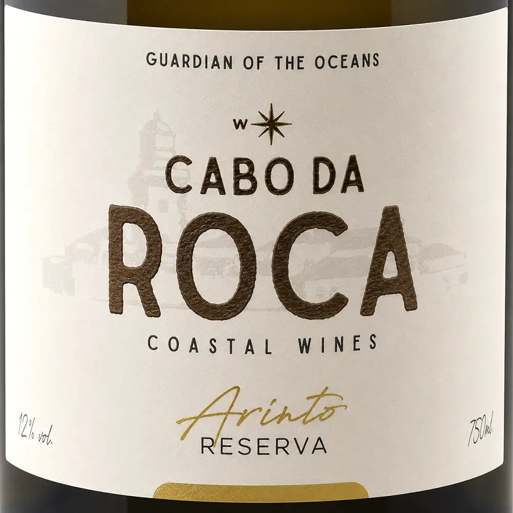 Close-up of a wine label reading 'Cabo da Rocha Coastal Wines' with 'Arinto Reserva' in gold script, on a white label with dark bottle edges visible at the top and bottom.