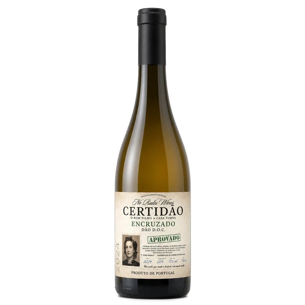 A bottle of Certidão Encruzado white wine with a beige label and black cap, shown on a plain white background.