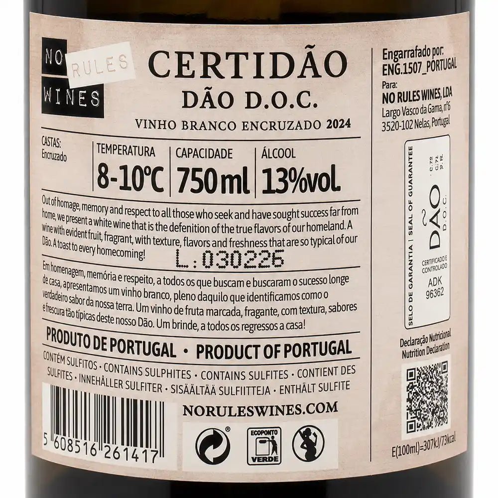 Close-up of a wine bottle label for No Rules Wines Dão D.O.