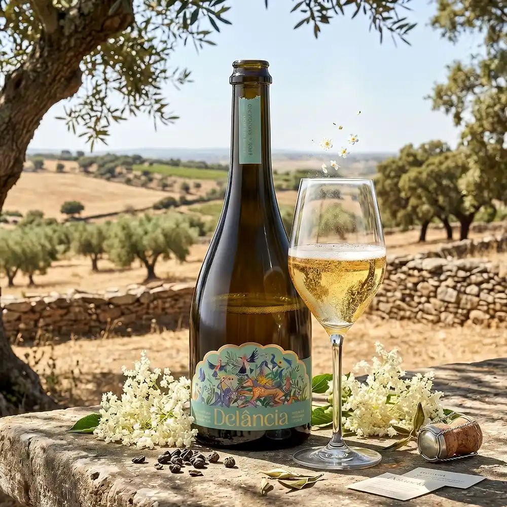 A bottle of Deláncia sparkling wine and a filled wine glass set on a stone surface outdoors, with white flowers, a cork, and a scenic vineyard landscape in the background.