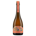 A bottle of Delancia Vino Rosa sparkling wine with a vibrant multicolor label and a peach-colored foil seal on a white background.