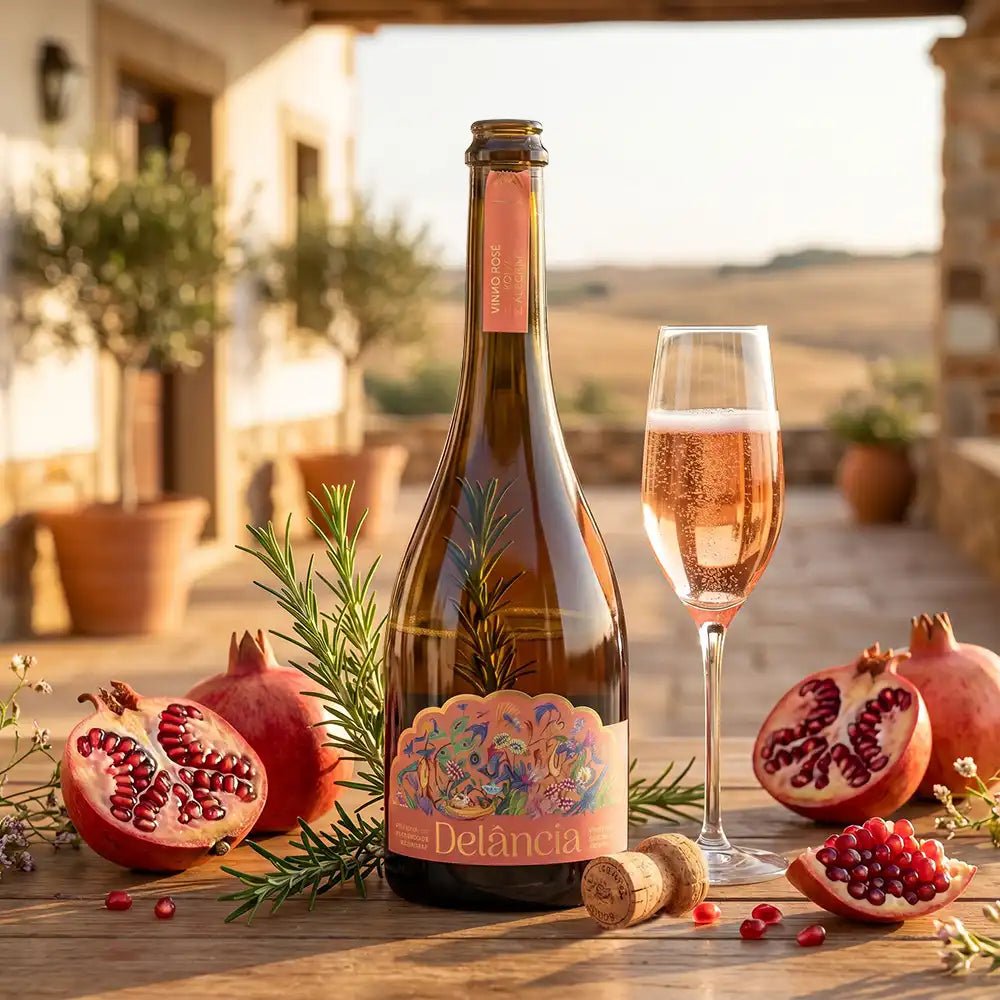 A bottle of Delancia sparkling wine with a filled champagne flute on a rustic wooden table, surrounded by fresh pomegranates, rosemary, and corks, set against a warm, blurred outdoor patio background.