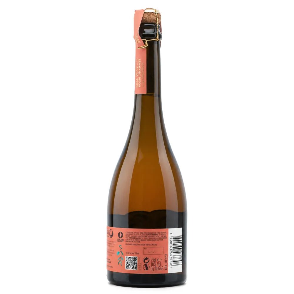 Back view of a glass bottle with an amber-brown body, a peach-colored neck label, and a cork closure, shown on a plain white background.