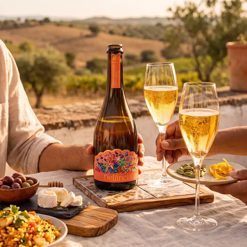 A bottle of Delância Orange sparkling wine with a colorful label is set on a table outdoors, surrounded by two filled champagne flutes, cheese, olives, and a plate of crackers, with a blurred vineyard landscape in the background.