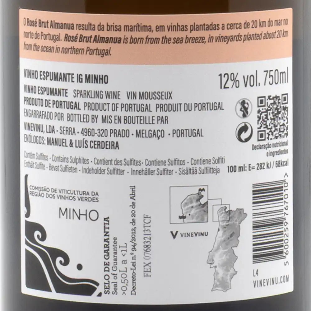 Back label of a Rosé Brut Almanua sparkling wine bottle with text and branding details.