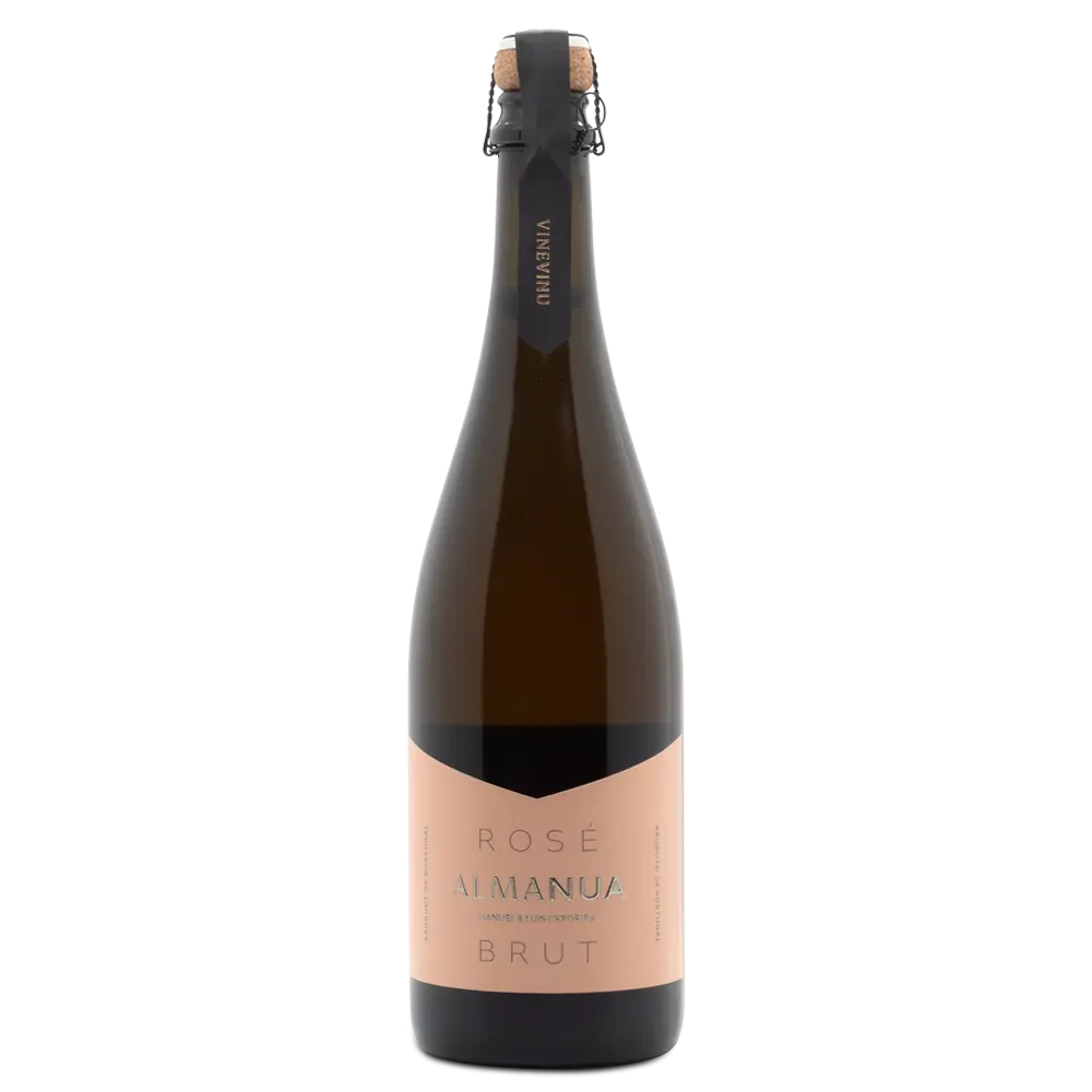 Bottle of Rosé Almanua Brut sparkling wine on a white background