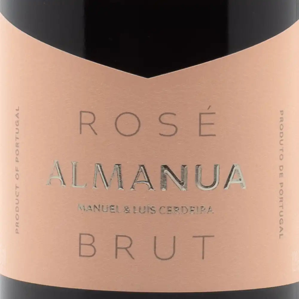 Rose Almanua Brut wine bottle label with pink and black design