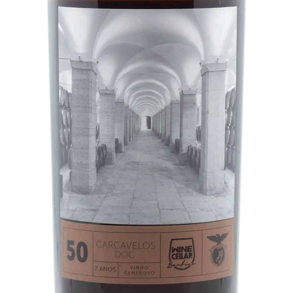 Wine bottle label with an architectural design and text on a white background