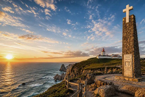 Cabo da Roca. Coastal landscape at sunset with a tall stone monument topped by a white cross in the foreground, overlooking the ocean, with a lighthouse and buildings on a cliff in the distance.