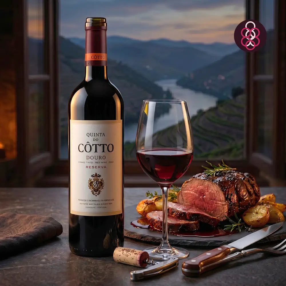 A bottle of Quinta do Cotto Douro Reserva red wine stands beside a filled wine glass and a plated steak with roasted potatoes on a dark table, with a scenic vineyard landscape visible in the background.