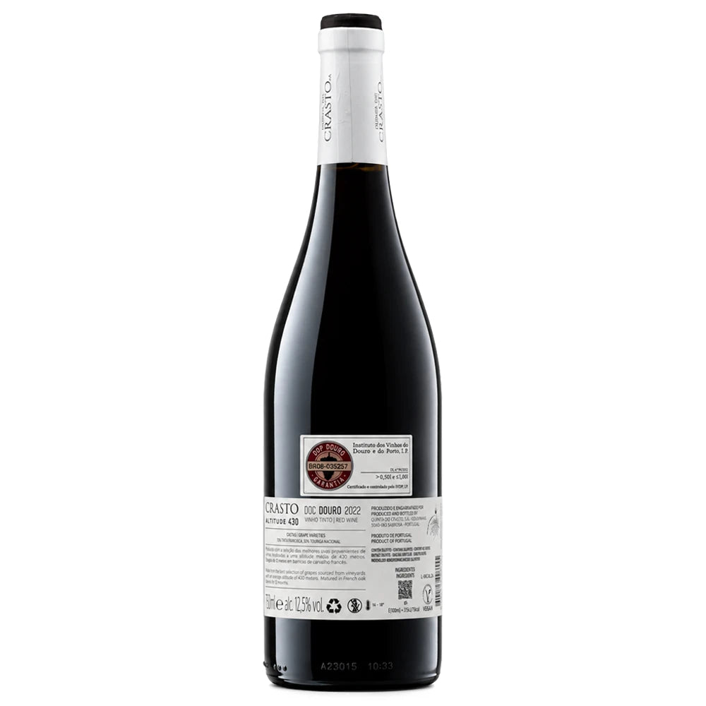 A bottle of Crasto DOC 2022 Superior Douro DOC wine, shown from the back against a plain white background.