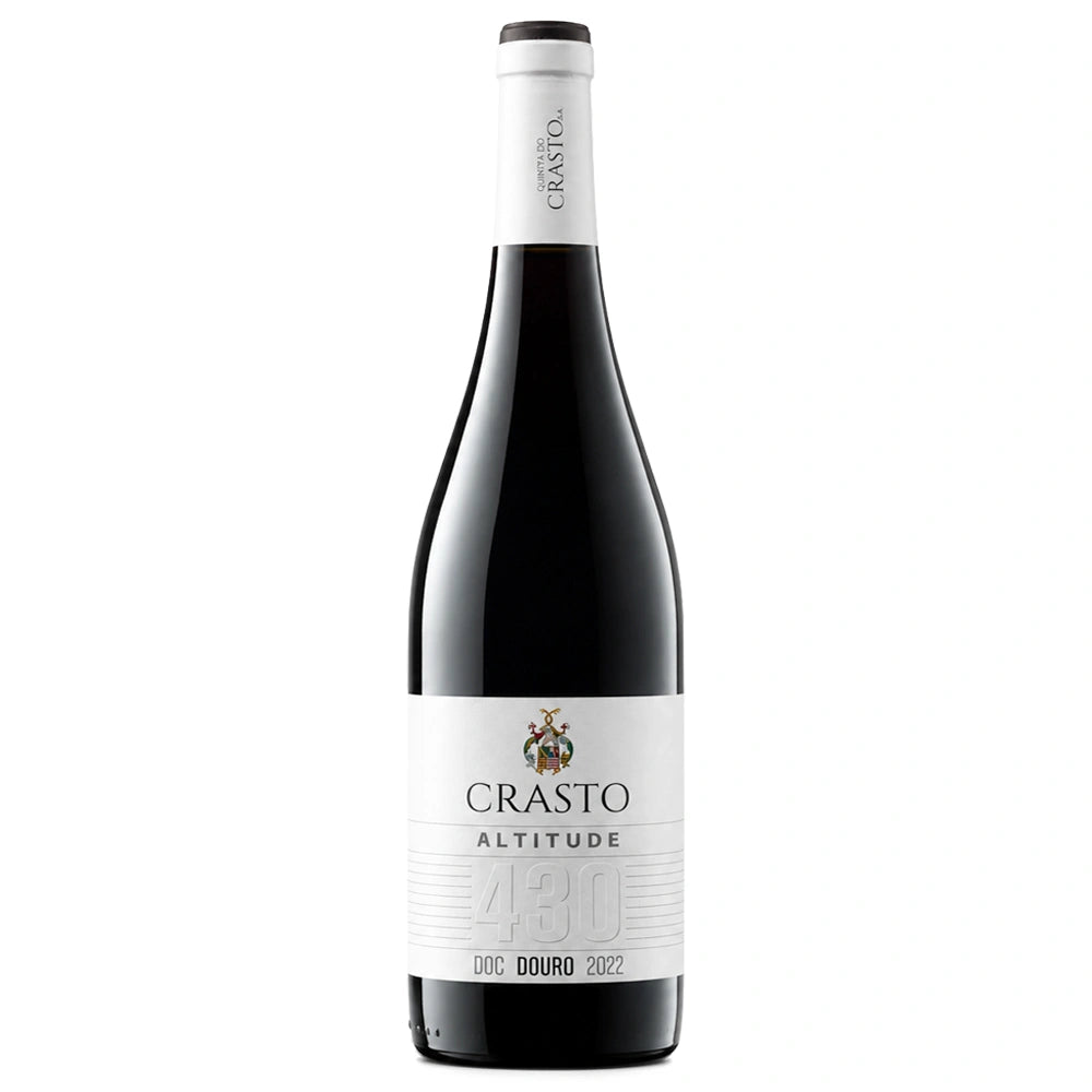 A bottle of Crasto Altitude DOC Douro red wine, featuring a dark glass bottle with a white label and white neck foil, set against a plain white background.