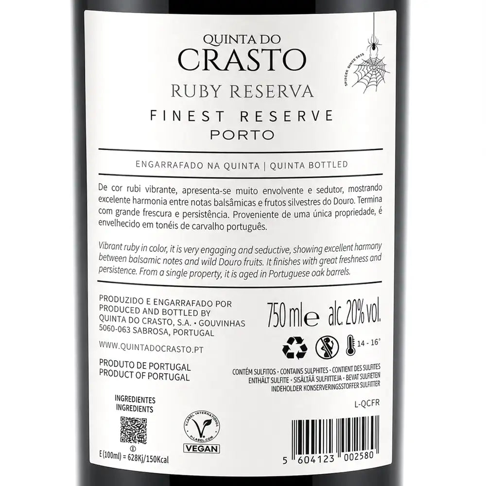 The back of a Quinta do Crasto Ruby Reserva Port wine bottle, showing the Portuguese and English label text, volume of 750ml, alcohol content 12% vol, and a vegan logo.