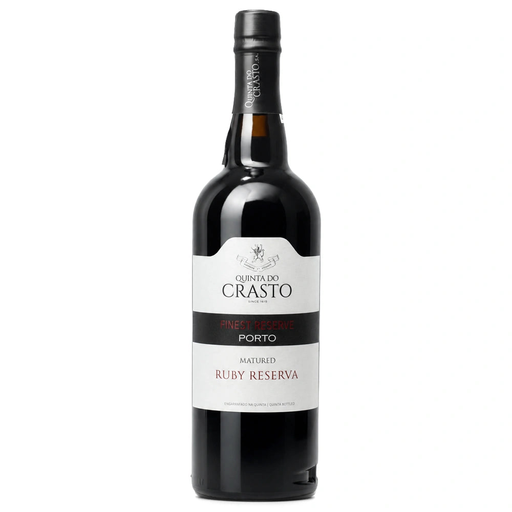 A bottle of Crasto Porto Ruby Reserva Port wine, featuring a dark glass bottle with a white and black label, set against a plain white background.
