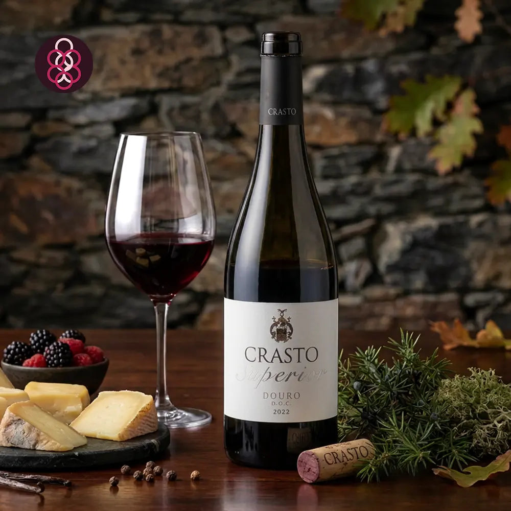 A bottle of Crasto Superior 2022 red wine stands on a wooden table beside a filled wine glass, with cheese, berries, pine sprigs, and a cork in front of a rustic stone wall.