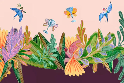 Delancia Wines. A colorful watercolor-style illustration featuring green leaves, purple and orange flowers, three blue birds, and a small bird perched on a glass, set against a pale peach background with a dark purple band at the bottom.