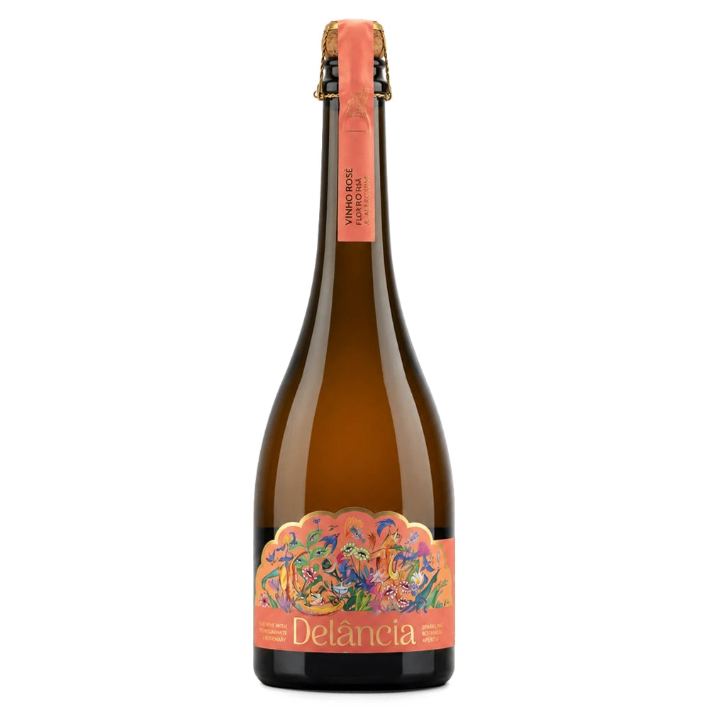 A bottle of Delancia Vino Rosa sparkling wine with a vibrant multicolor label and a peach-colored foil seal on a white background.