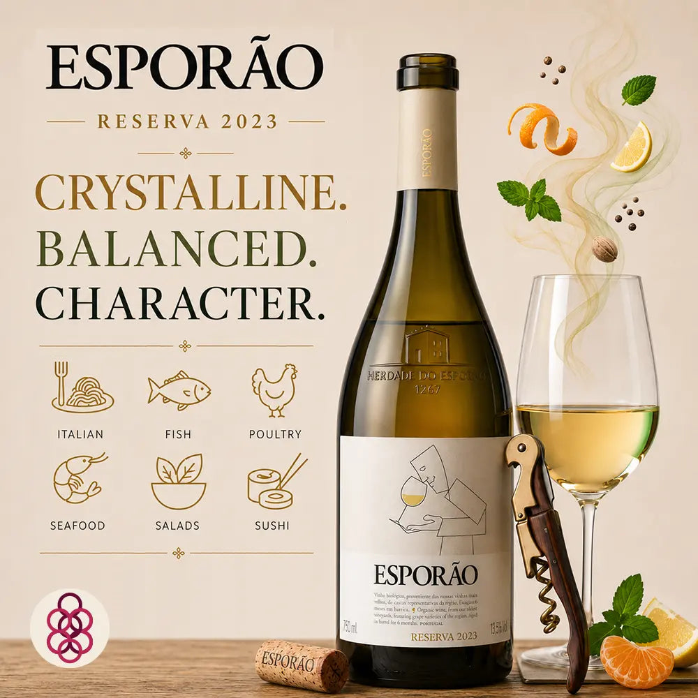 A bottle of Esporão Reserva 2023 white wine with a glass of pale golden wine, a corkscrew, a cork, and citrus slices on a beige background with promotional text and small food icons.