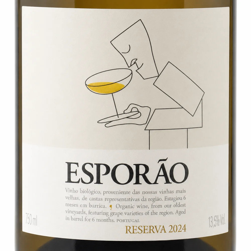 A close-up of a wine bottle label reading ESPORÃO RESERVA 2024, with a minimalist line drawing of a person holding a glass of yellow wine. The label is off-white with black and gold text, and the bottle itself appears dark green at the edges.