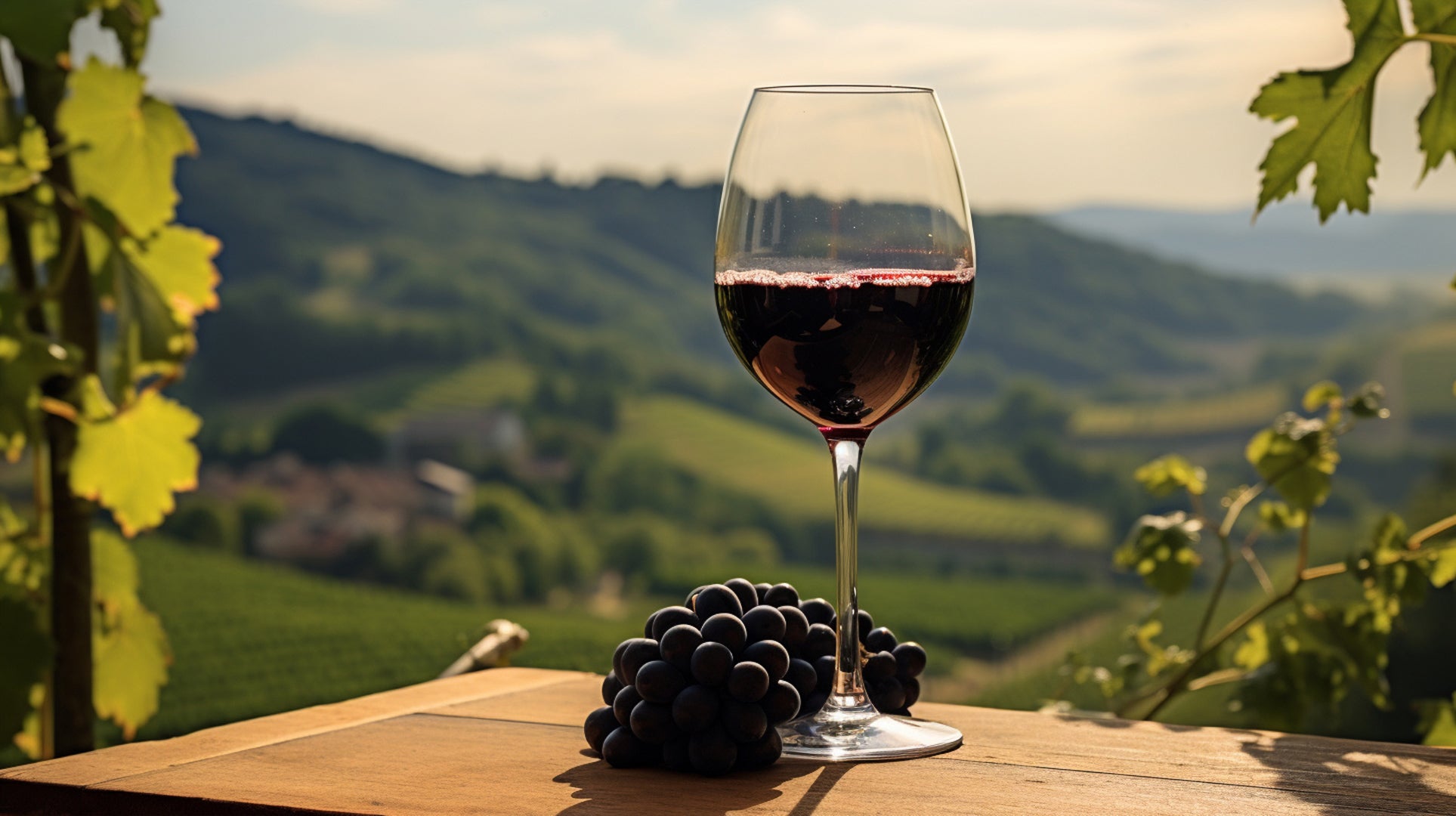 Glass of red wine and grapes on a wooden table with a scenic vineyard background