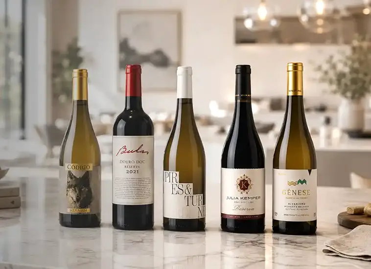 Five wine bottles from different brands lined up on a marble countertop in a bright, modern kitchen setting.