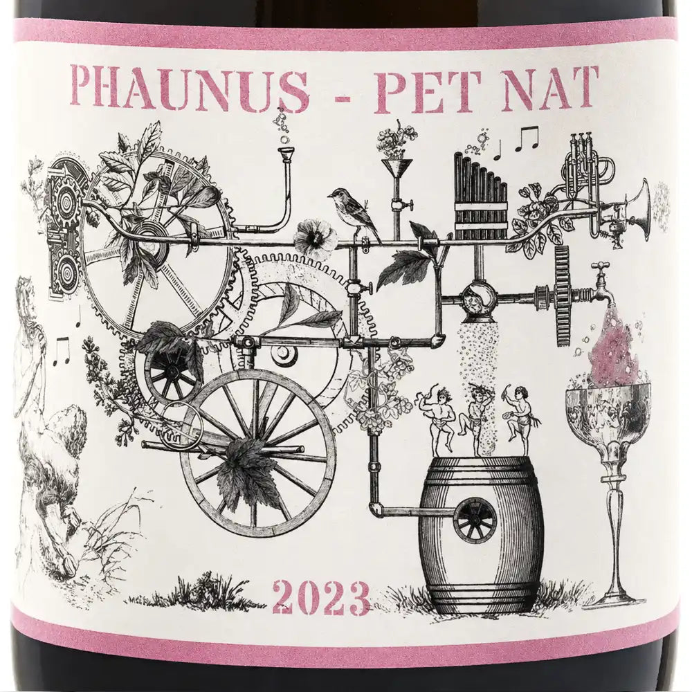 A close-up of a wine bottle label with the text 'PHAUNUS - PET NAT' at the top and '2023' at the bottom. The label features a detailed black-and-white whimsical illustration with gears, a bird, a barrel, figures, and a goblet, framed by pink bands at the top and bottom.

