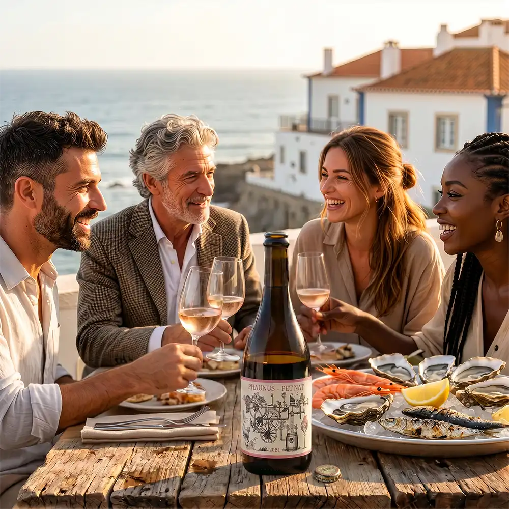 Four people enjoying a meal with wine and seafood by the sea.