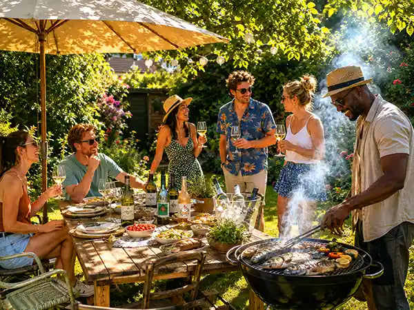 A group of friends enjoying a sunny outdoor barbecue in a lush green backyard. One man is grilling on a black kettle-style barbecue while others sit and stand around a wooden dining table filled with food, wine bottles, and drinks under a large beige patio umbrella.