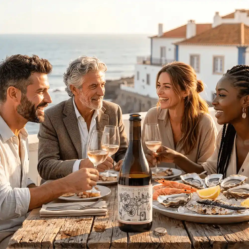 Group of people enjoying a meal with wine by the sea-aphros-phaunus-rose-pet-nat