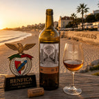 Bottle and glass of Benfica wine with a decorative emblem on a beach at sunset.