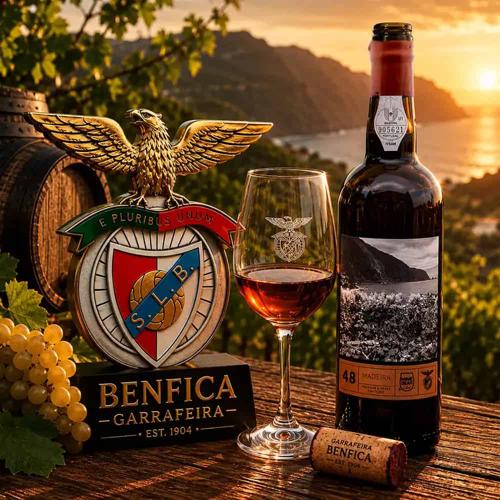 Bottle and glass of Benfica wine with a scenic background